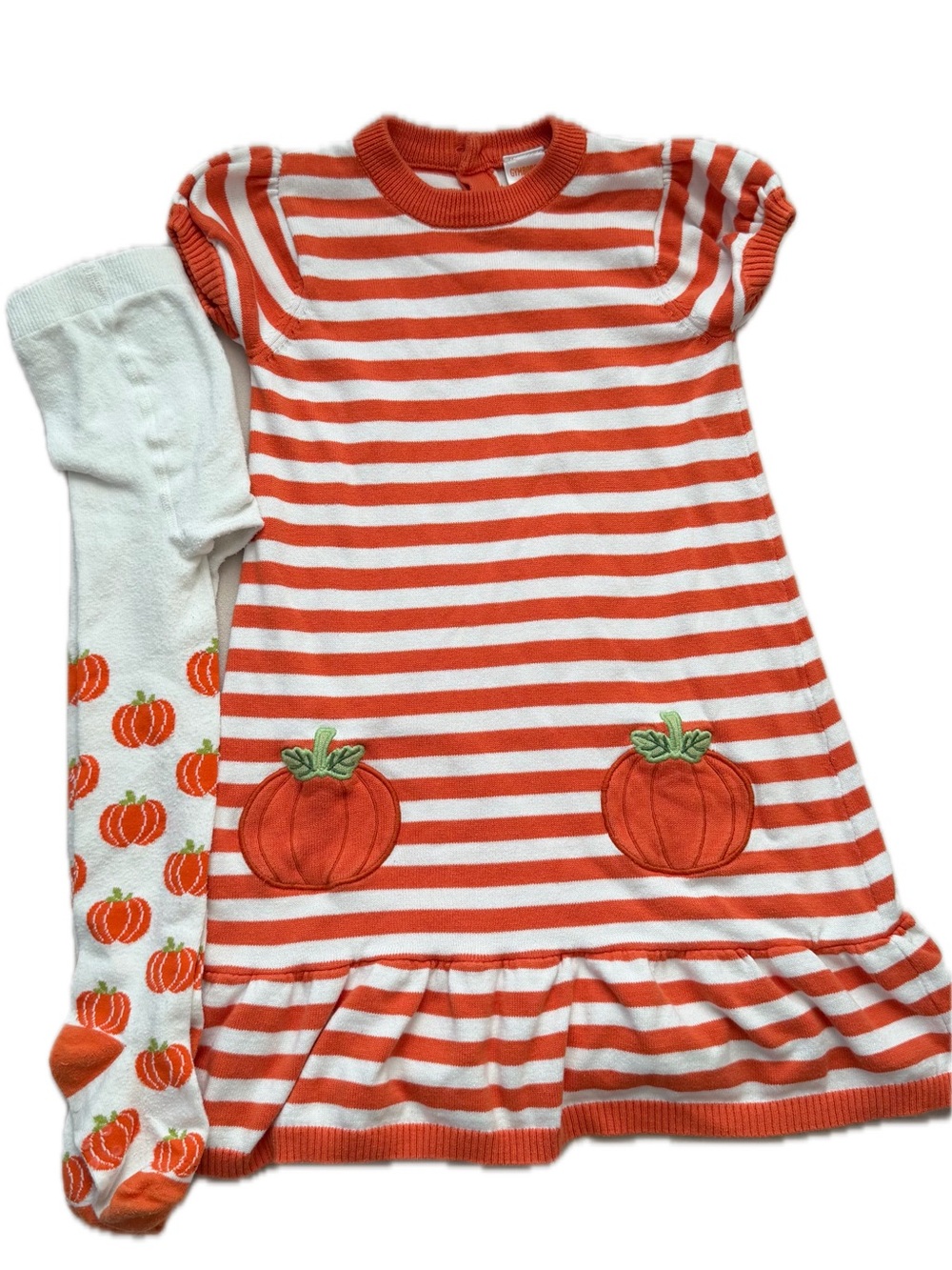 Gymboree Lil Pumpkin Orange and White Striped Sweater Dress and Tights